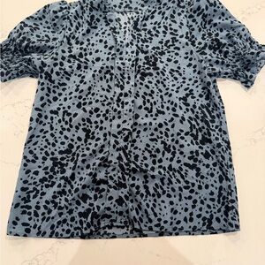 Blue and Black Animal Print Puff Sleeve Blouse